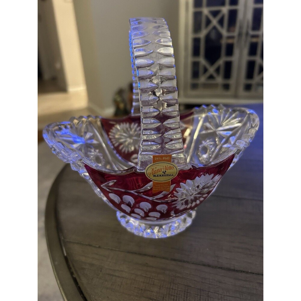Ruby Red Overlay 24% Lead Crystal Handled Basket By Hofbauer. - Picture 2 of 3